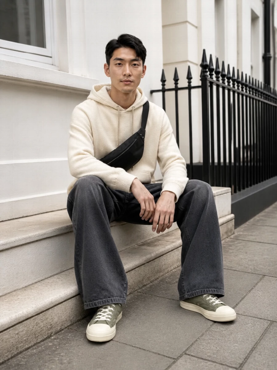 Rick owens hoodie wide leg jeans sage sneakers