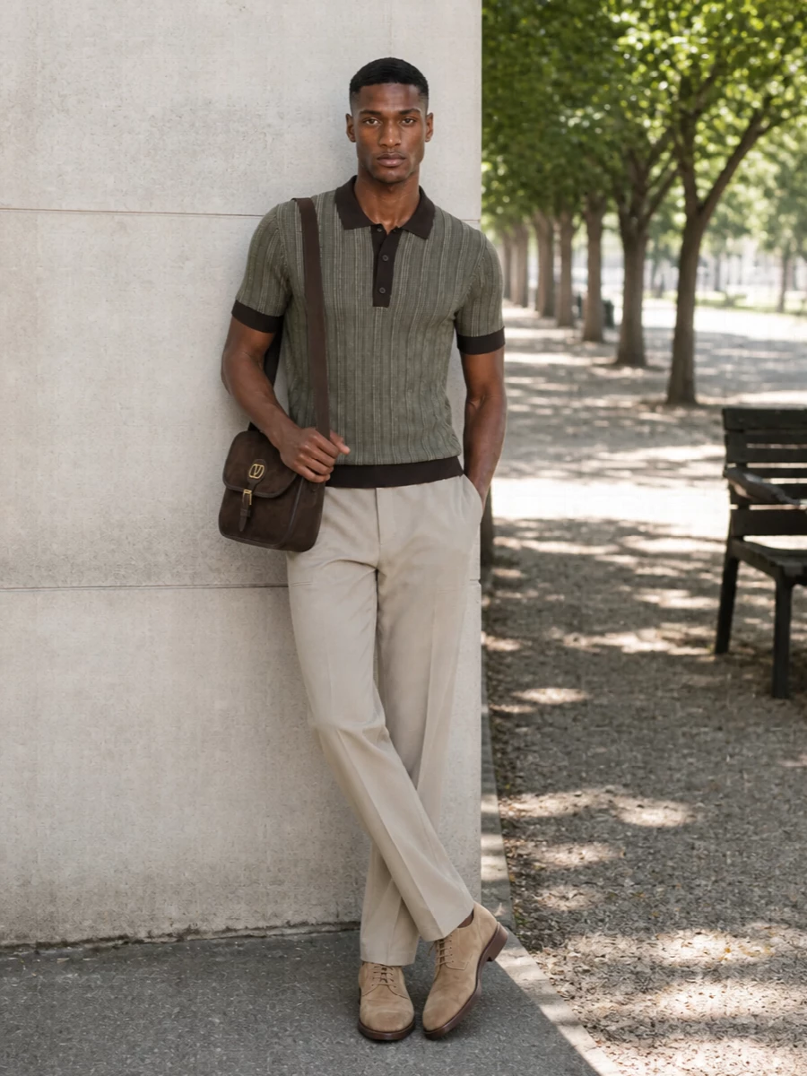 Quietly confident neutrals frame the suede derbies, with the striped Ferragamo knit polo bringing depth up top and the clean taupe trousers keeping the silhouette sharp but not stiff. The chocolate suede shoulder bag nods to the deeper tones in the knit, completing a warm, tailored outfit that moves easily from daytime meetings to dinner. It is refined, modern and unmistakably luxurious without ever feeling formal for formality’s sake.