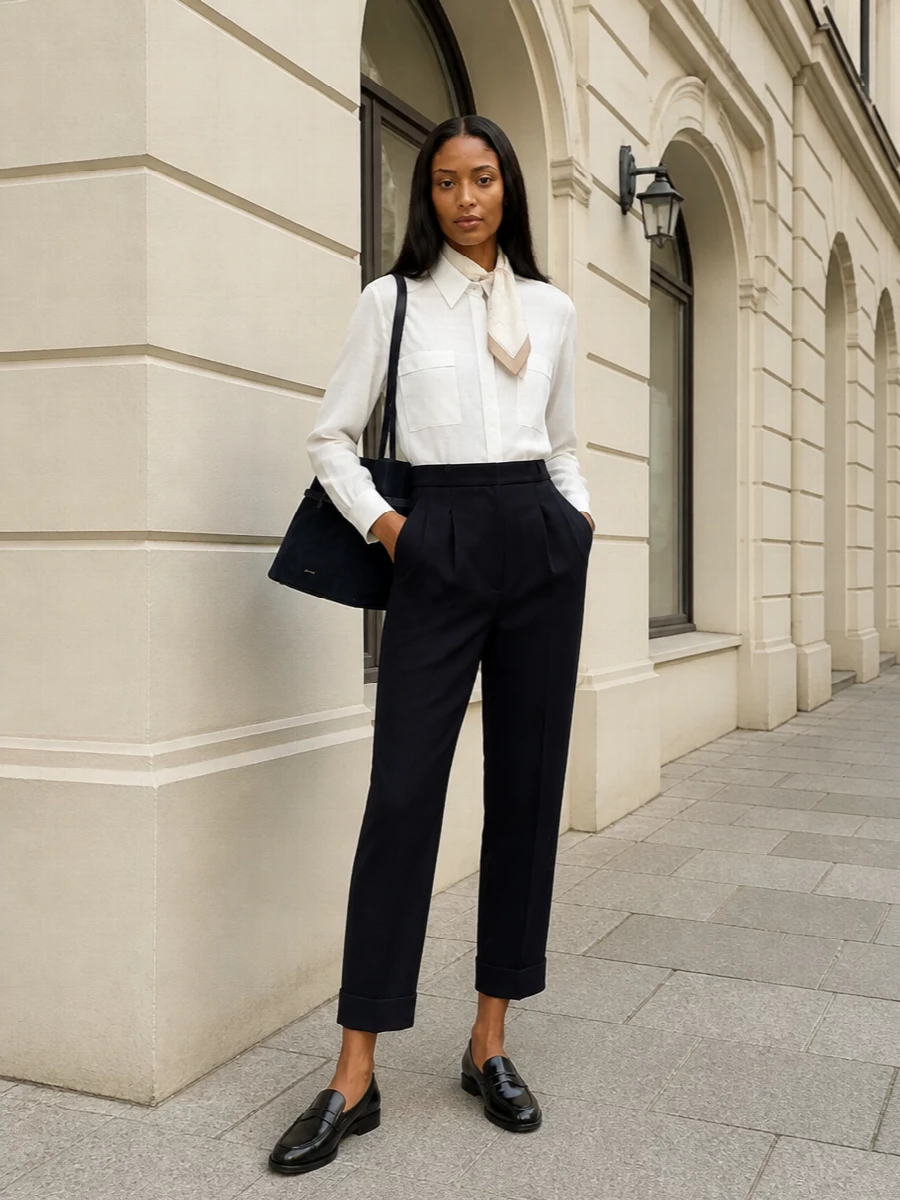 Max mara navy trousers white shirt work outfit