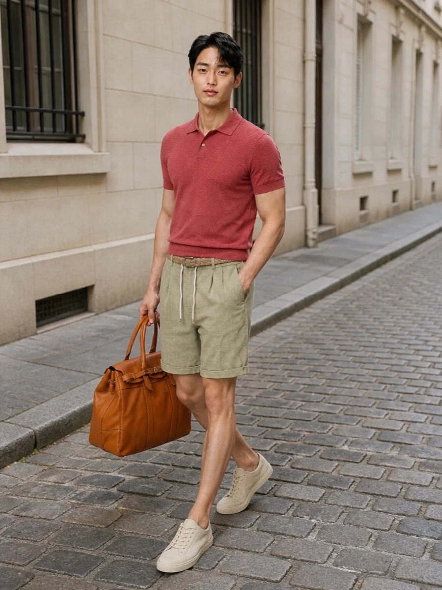 The heathered brick red knit polo is grounded by stone-beige pleated drawstring shorts, creating a quietly luxurious summer palette that feels relaxed yet impeccably considered. Sand-suede low-top sneakers keep the line clean and tonal, while a cognac leather weekender and taupe braided belt add rich, tactile accents that underline the preppy, minimalist refinement without disturbing the ease of the look.