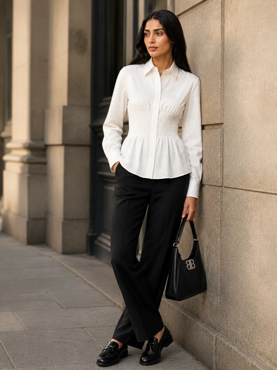 Prada loafers black wide leg trousers outfit
