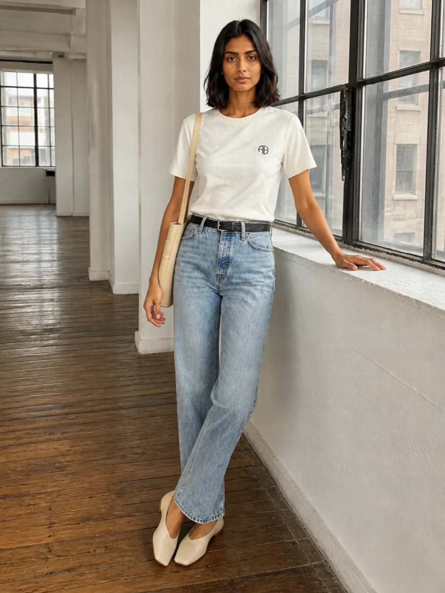 Anine Bing’s light-wash straight jeans meet an understated logo tee for a clean, LA-inspired base that feels easy but considered. Buttercream flats and a matching structured bucket bag soften the palette, keeping things polished without tipping into formality. A slim black belt quietly sharpens the denim, giving just enough definition to balance the relaxed proportions.