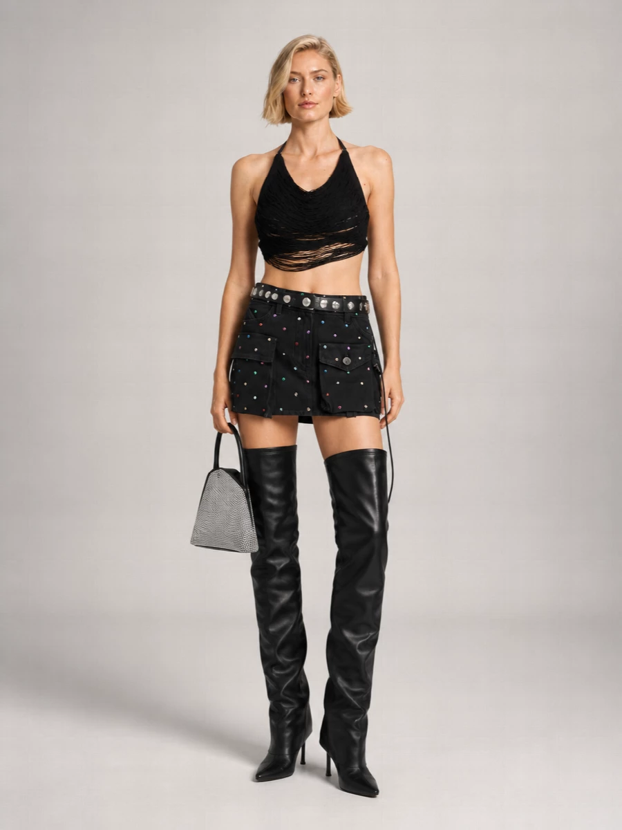 The Attico Denim Rhinestone-Embellished Mini Skirt