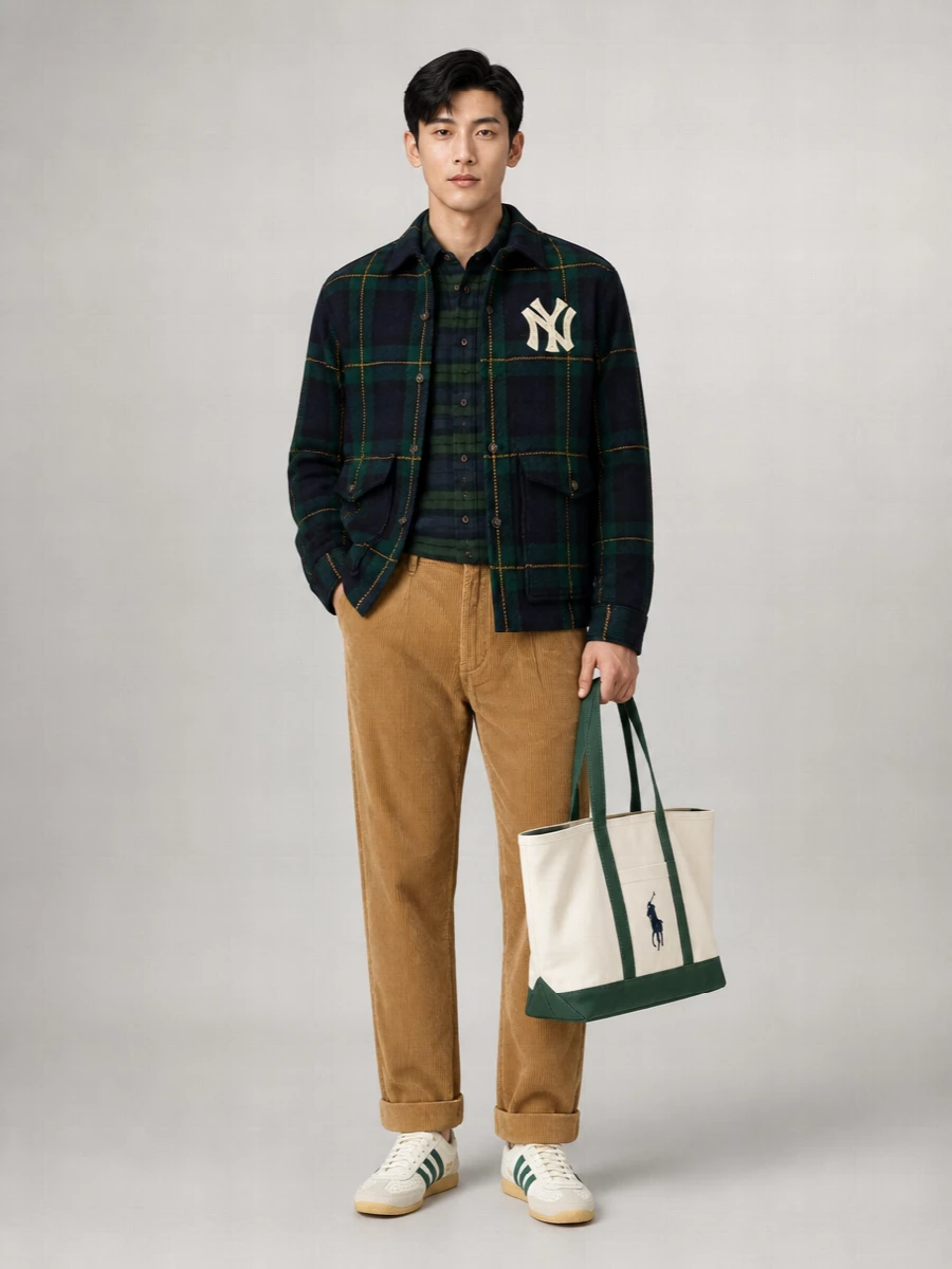 A Polo Ralph Lauren plaid-on-plaid story that stays controlled, grounded in deep navy and forest green with camel corduroy to echo the jacket’s yellow check. Retro forest-green Adidas trainers keep the energy firmly collegiate, while the matching canvas tote finishes it as an off-duty city uniform with heritage roots.
