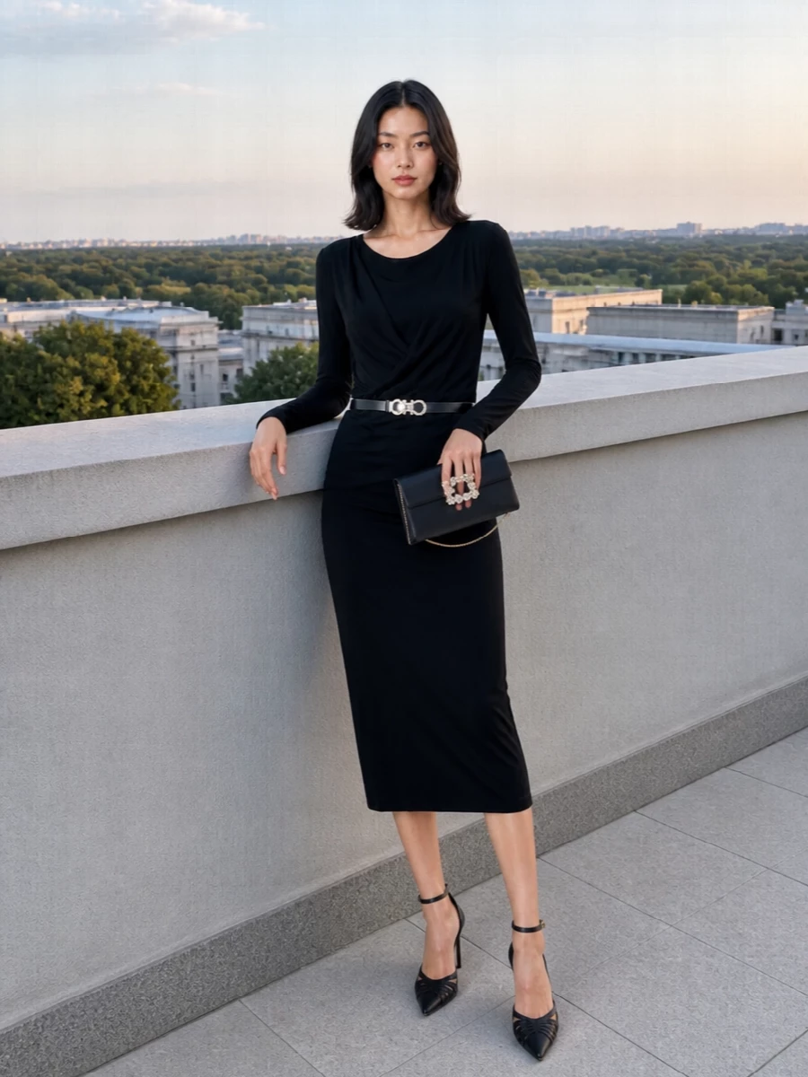 Alberta ferretti black midi dress ferragamo heels
