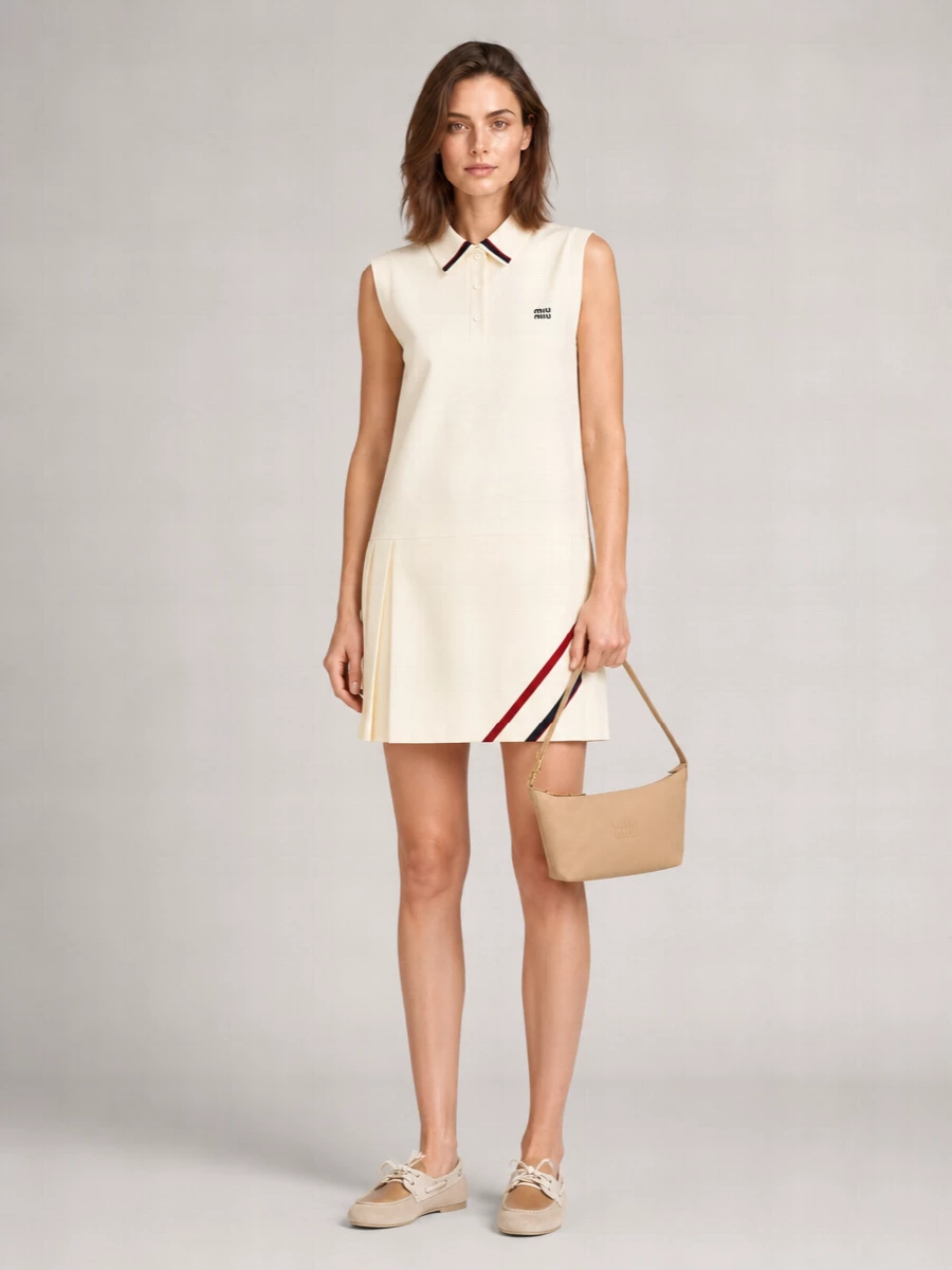 The sleeveless polo mini is the strongest anchor with these boat-shoe loafers, leaning into the same collegiate, quietly sporty energy the shoes suggest. Cream, tan and camel sit in a tight, sun‑friendly palette, while the compact baguette keeps the proportions neat and pulled together without feeling formal. It is an easy summer city uniform that feels polished yet relaxed enough for long, on-your-feet days.