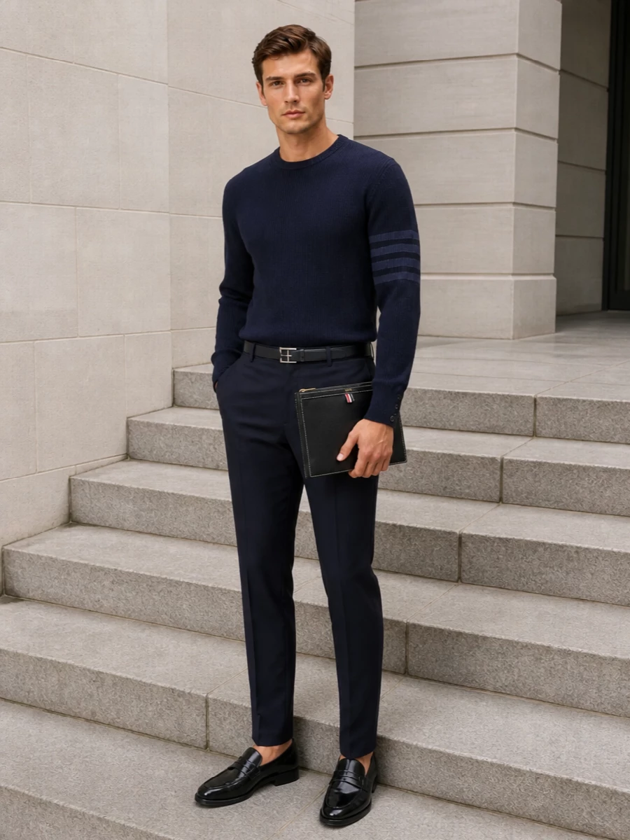 Thom browne navy sweater trouser outfit