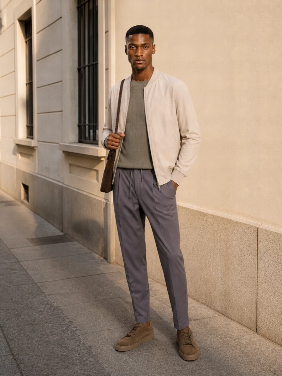 Boss bomber taupe trousers suede sneakers
