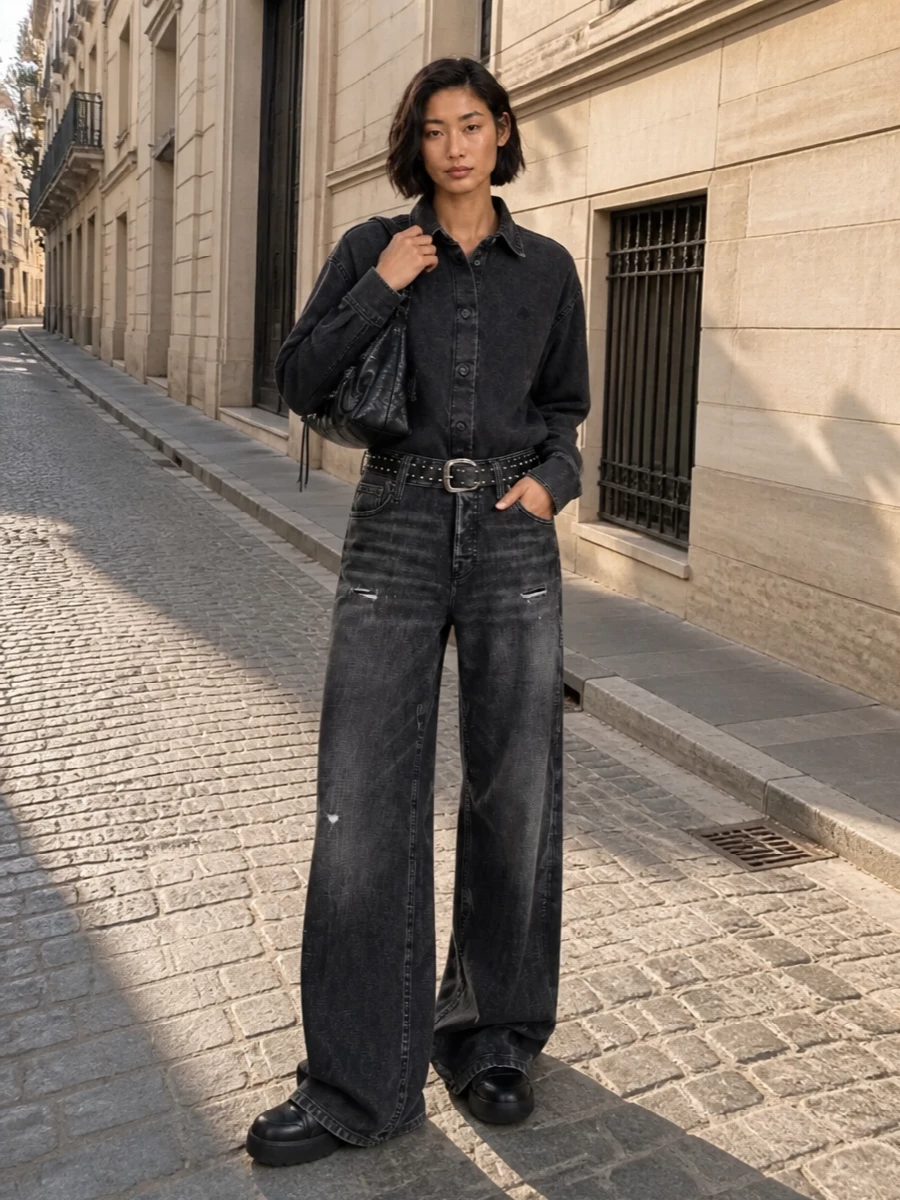 Dsquared2 wide leg jeans black denim shirt outfit