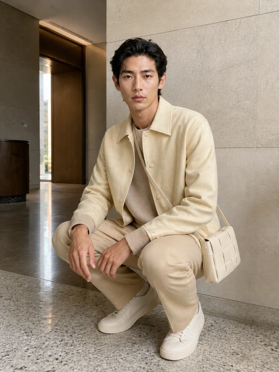 Lanvin beige blouson camel trousers outfit