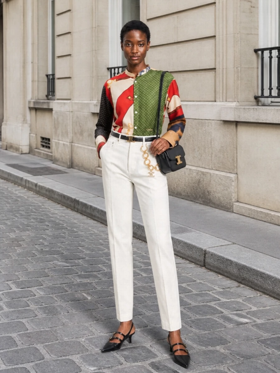 Celine ivory jeans scarf shirt slingbacks