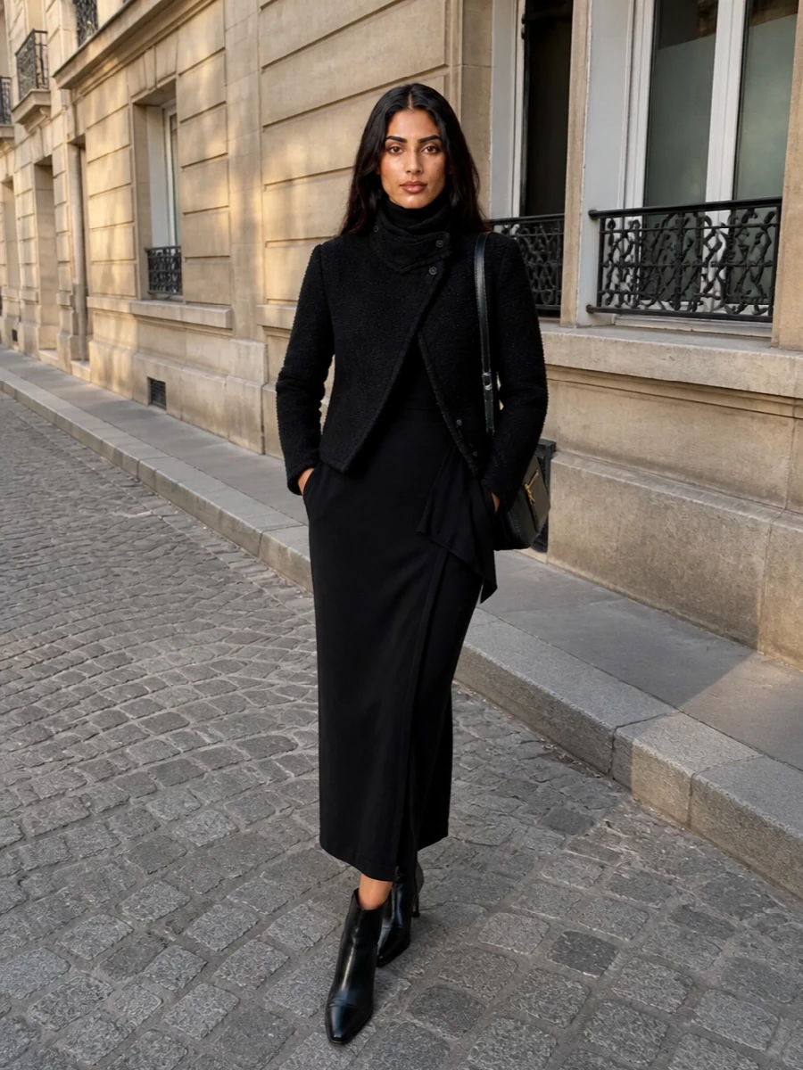 Tagliatore boucle jacket black knit midi dress