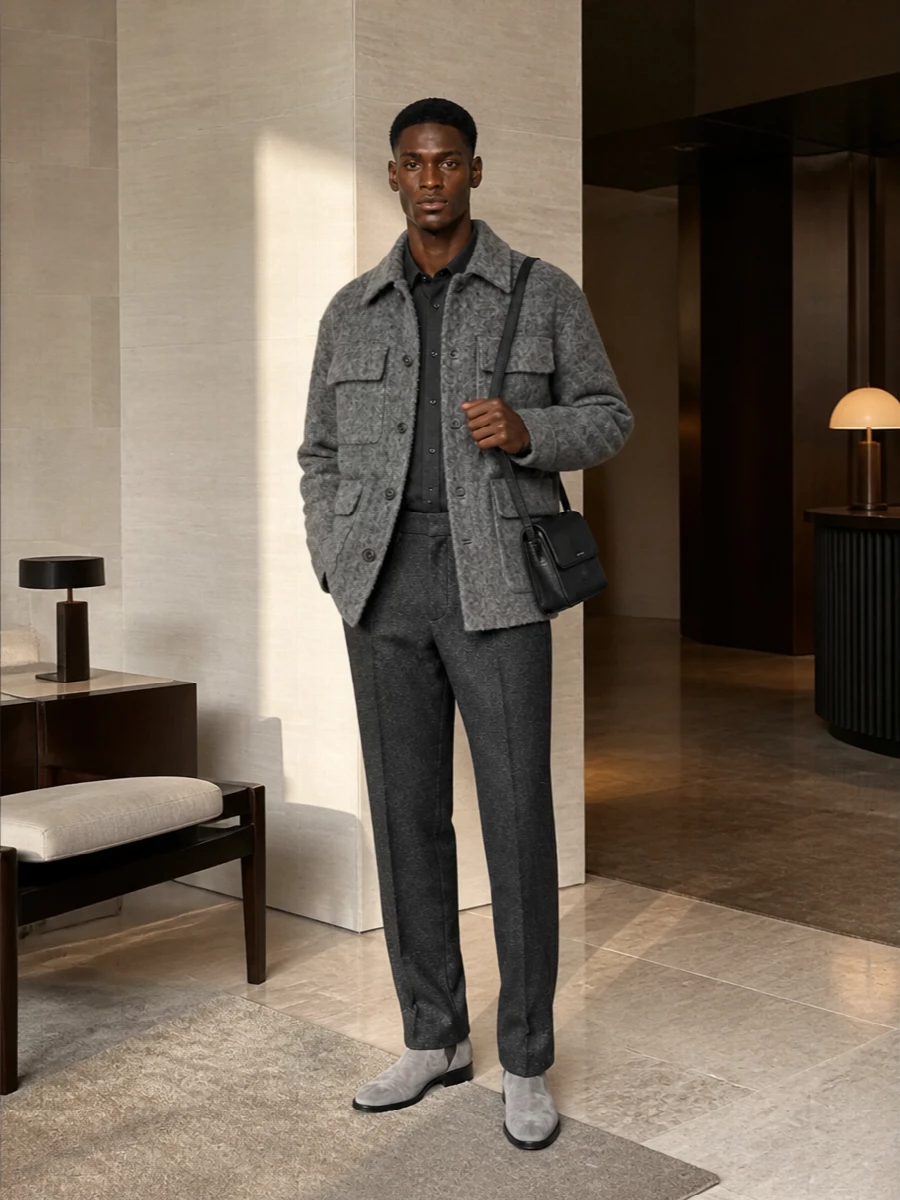 Dolce gabbana grey shacket chelsea boots outfit