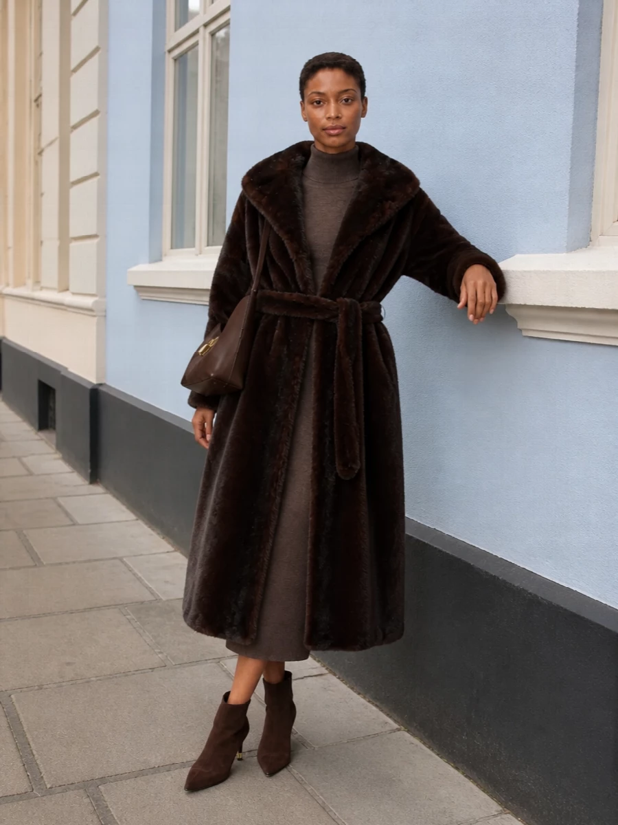 Faux fur coat brown knit dress furla boots