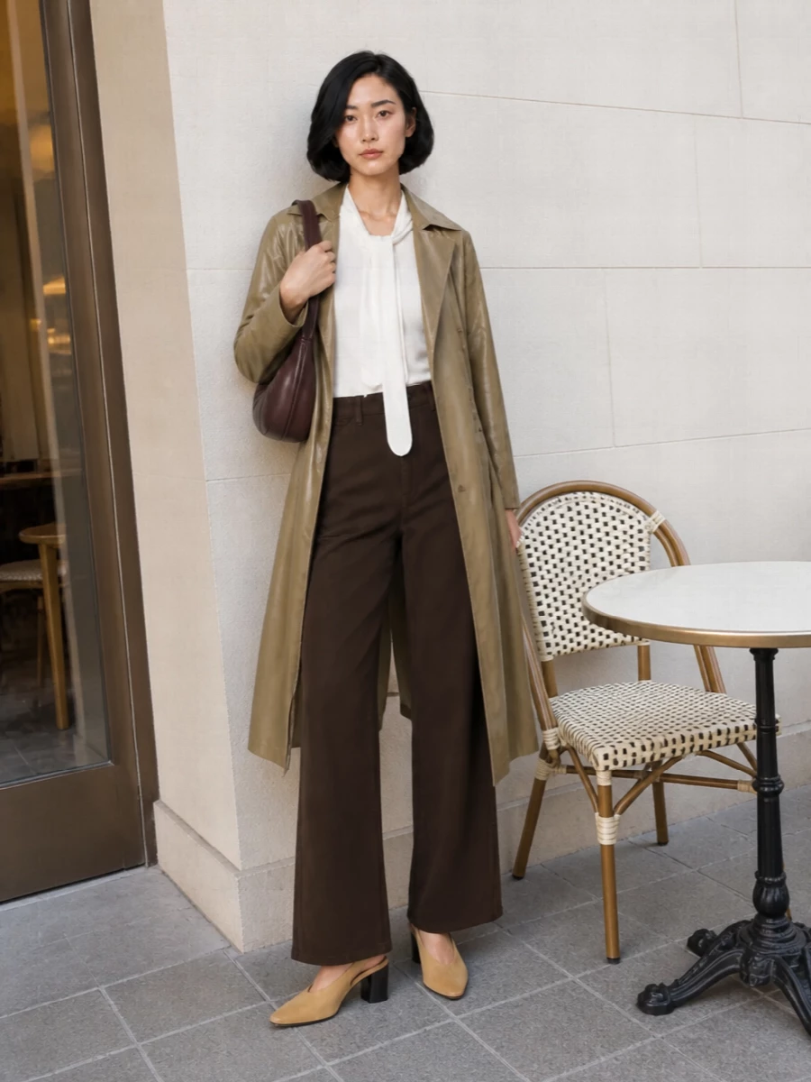 I am styling around separates rather than a dress so the trench can read as a true outer layer, not an extra belt on top of another cinched piece. The ribbed ivory shell and dark chocolate wide-leg create a long, quiet column under the high-sheen khaki, with the camel heel and matching chocolate bag adding warm, tonal refinement. It feels like a spring city uniform that moves easily from studio to dinner without ever feeling overworked.