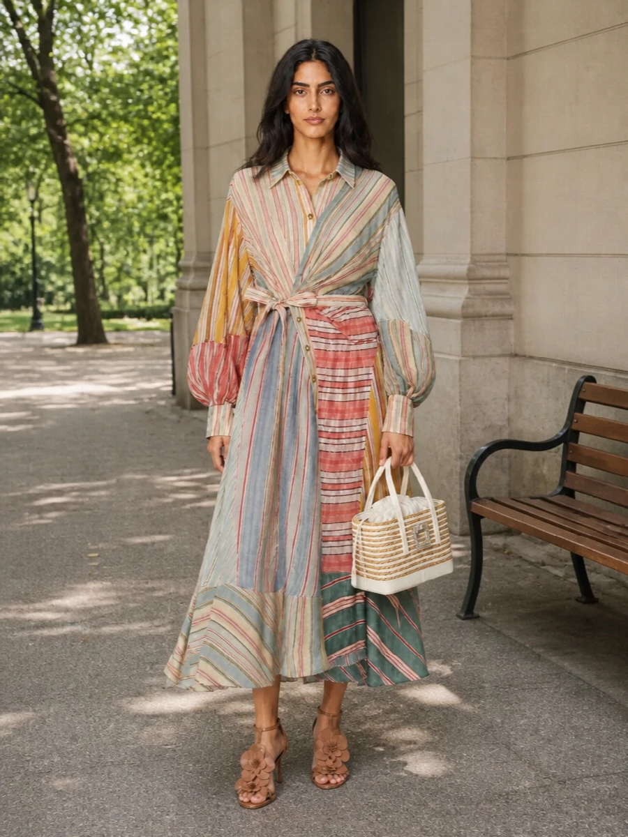 A sun-faded Zimmermann stripe takes the lead, framed by neutral tan heels and a cream raffia tote for a refined garden-party mood. Soft gold hardware and a whisper-light floral scarf keep the palette gentle and romantic, so the dress feels special yet easy from daytime events to relaxed resort dinners.