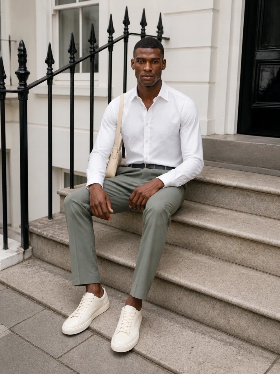Kiton white shirt sage trousers cream sneakers