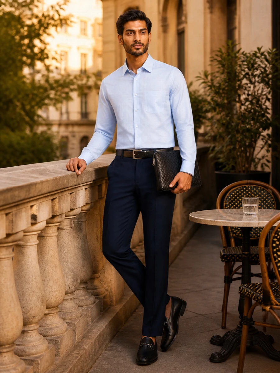 Gucci pinstripe shirt navy tailored trousers outfit