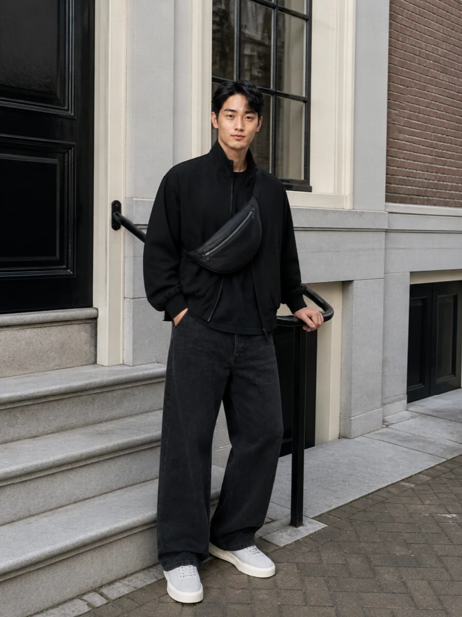Fear of god bomber wide leg jeans outfit