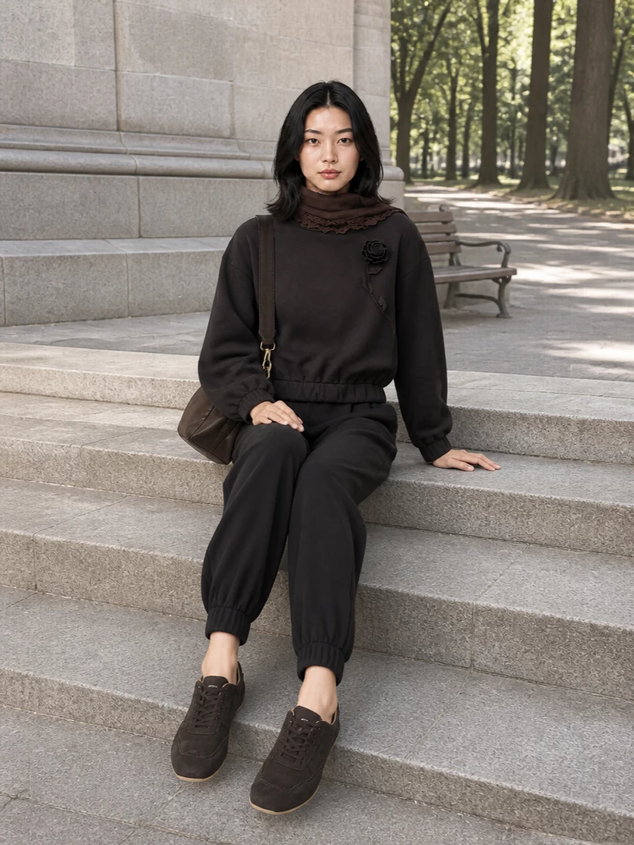 A cocooned charcoal set is grounded with dark chocolate suede and a matching leather shoulder bag, keeping the palette hushed and richly tonal. The elasticated hems and slim sneakers balance volume with neatness, while the lace-trimmed scarf quietly echoes the floral detail at the shoulder for a romantic, at-home-to-city finish.