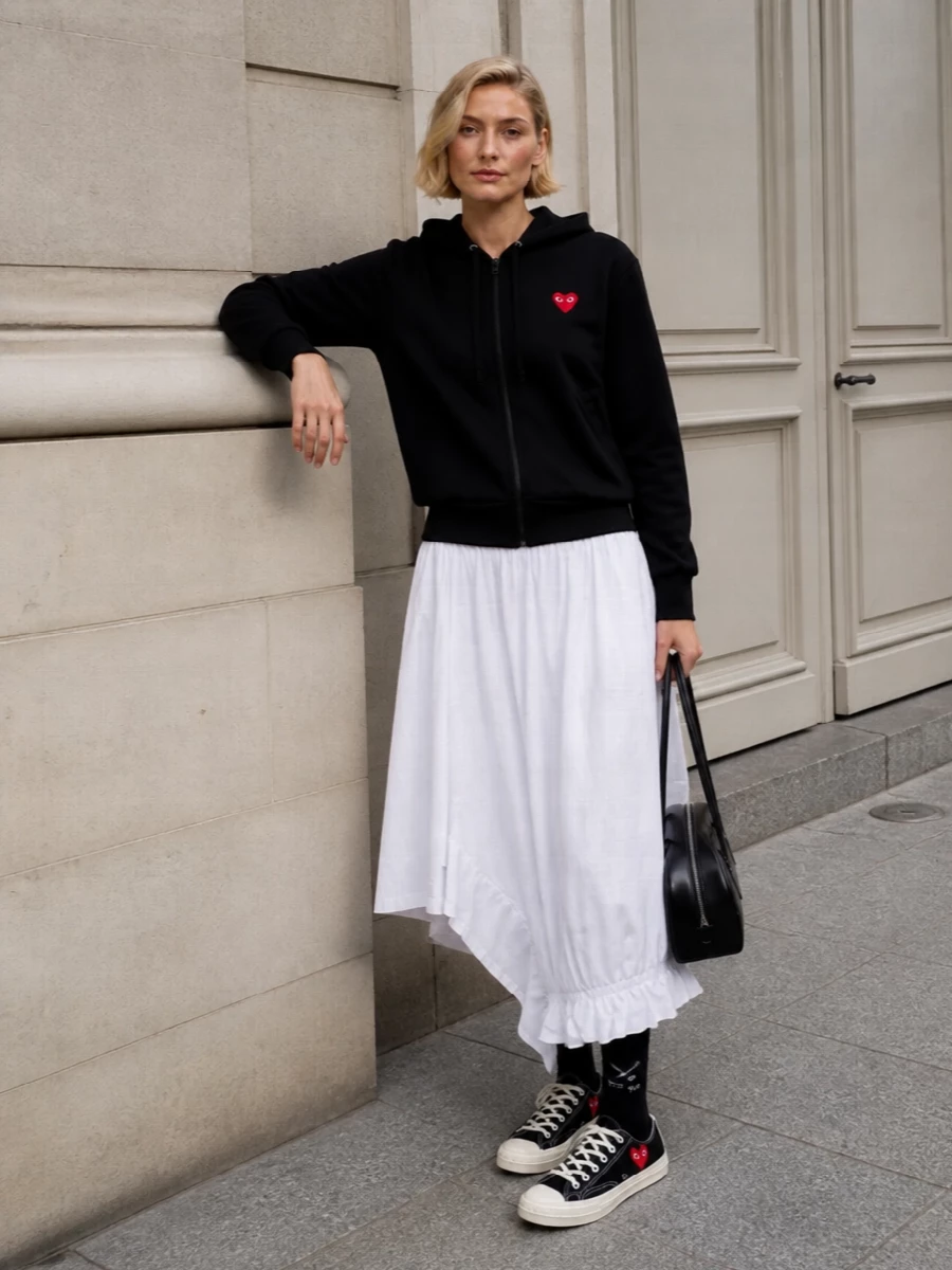 Comme des garcons play hoodie white skirt outfit