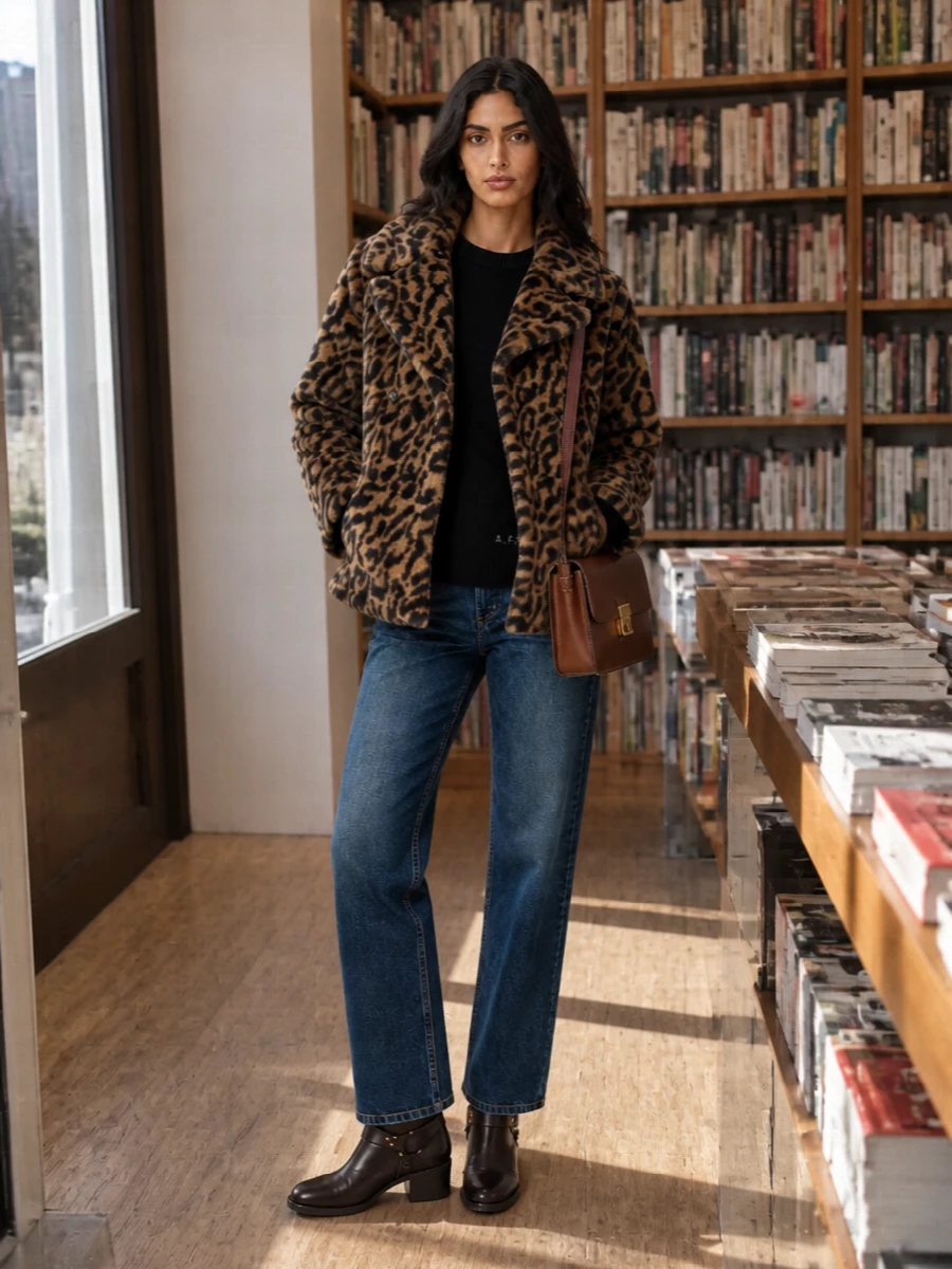 Apc leopard faux fur jacket jeans boots