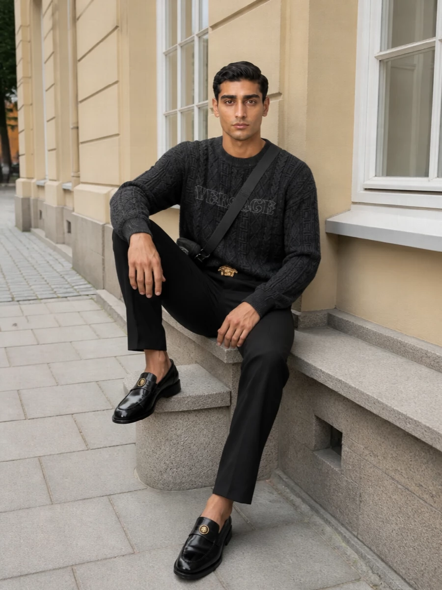 Versace charcoal sweater black tailored trousers
