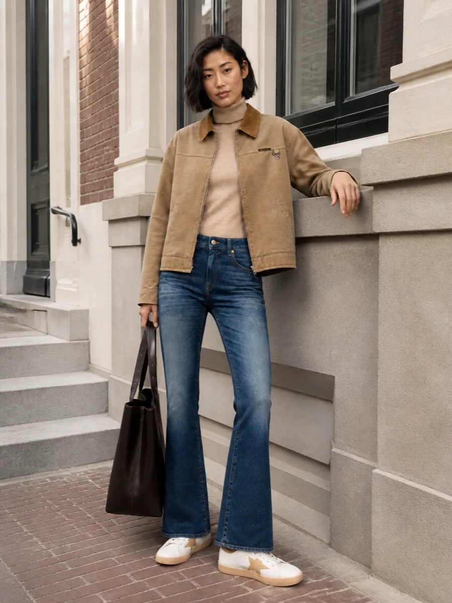 Golden goose camel jacket jeans sneakers