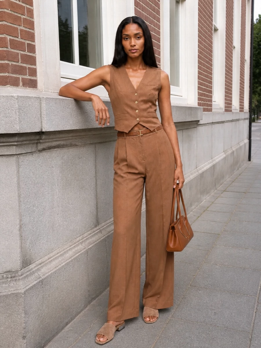Caramel-on-caramel tailoring keeps this outfit quietly striking, with the waistcoat framing the high waist and letting the wide leg do the work. Tonal suede slides and a structured top-handle bag hold the mood at polished but relaxed, ideal for city days that move easily into dinner. A slim tan belt finishes the column with subtle definition rather than contrast, so the proportions stay long and clean.