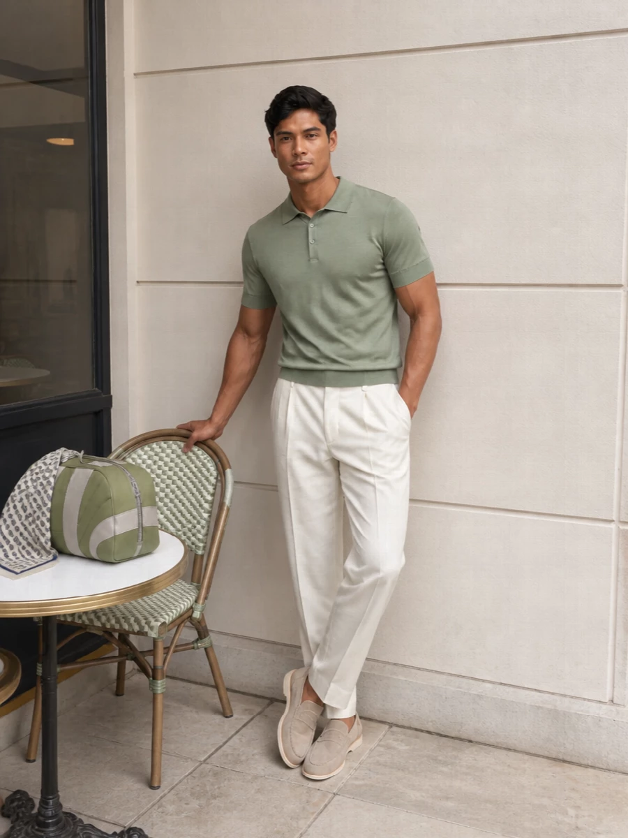 Sage knit meets crisp off-white tailoring for a calm, sunlit palette that feels considered without trying hard. Stone suede loafers keep the line sleek and relaxed, ideal from terrace lunch to late dinner. The subtle patterned scarf adds just enough interest while staying firmly in the quiet side of luxury.