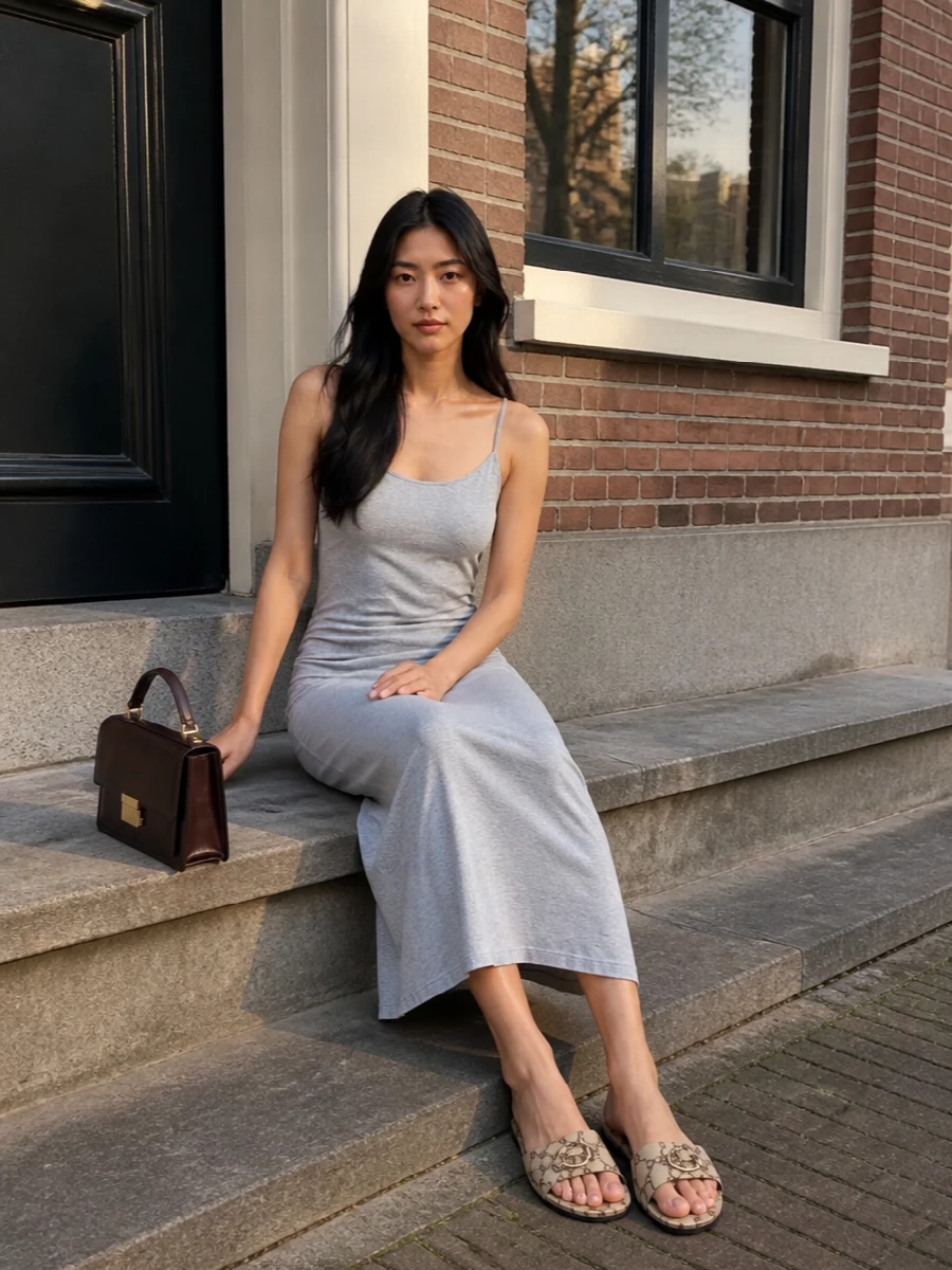 Toteme grey slip dress gucci slides top handle bag