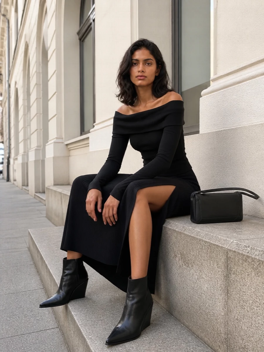 Rick owens black knit skirt outfit wedge boots
