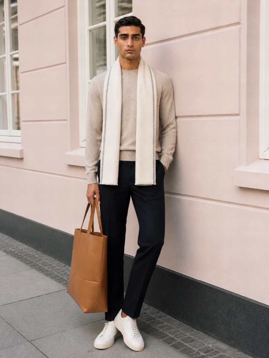 Lanvin beige sweater navy trousers sneakers