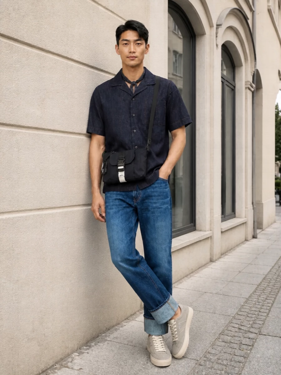 Dries van noten denim shirt mid wash jeans outfit