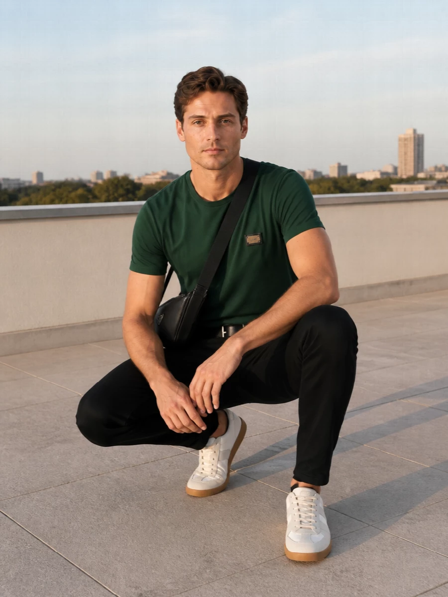 A deep forest-green tee meets clean black denim for a focused, low-key palette that feels polished without reading formal. Off-white gum-sole sneakers and a precise black belt keep the line sharp while introducing subtle contrast. A compact black Prada crossbody adds functional structure and a technical touch that fits the quietly luxurious streetwear mood.