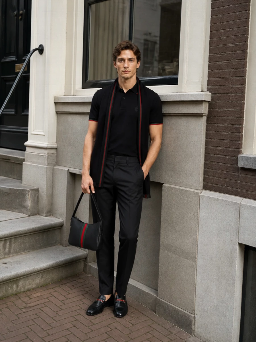 Gucci black polo charcoal trousers outfit