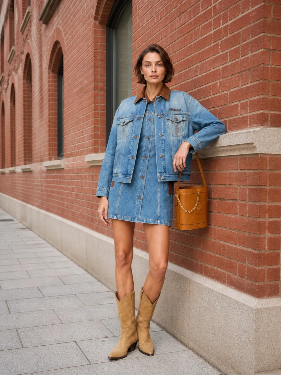 Versace denim jacket mini dress tan boots