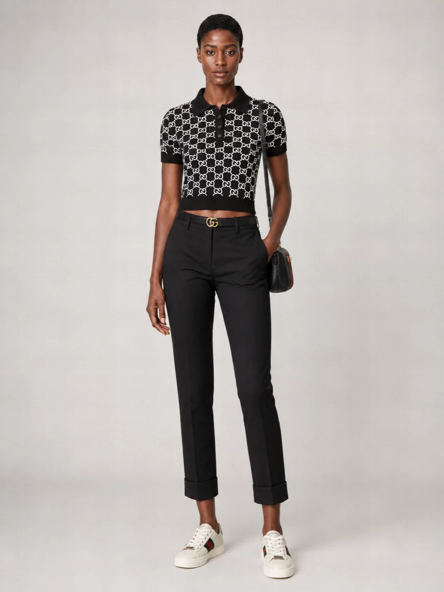 Gucci Wool Fine-Knit Gg Logo-Jacquard Short-Sleeve Polo Top