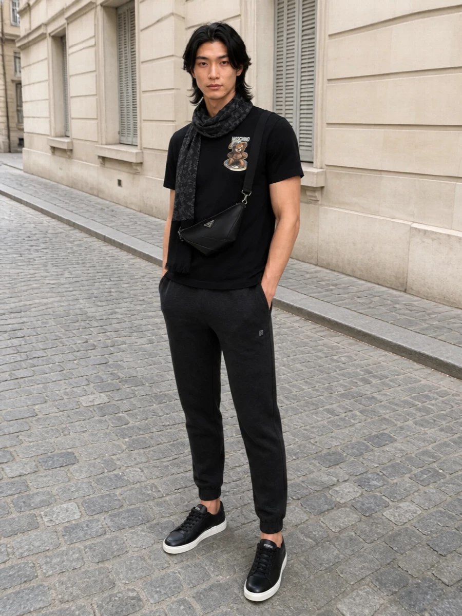 Black and charcoal stay tight and intentional, so the Moschino bear graphic can be the focus rather than fighting other statements. The Givenchy joggers and Moschino sneakers keep the energy athletic but controlled, while the Prada crossbody and McQueen scarf sharpen the mood into city-ready, label-conscious polish.