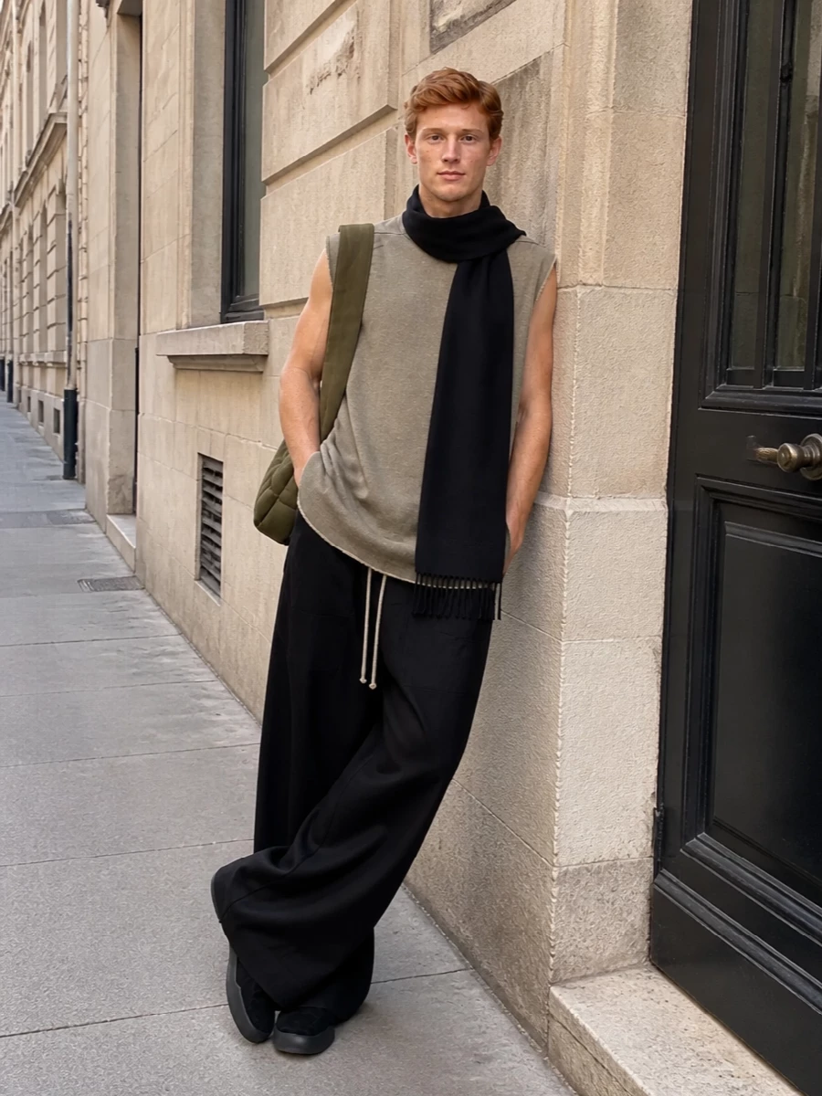 An olive-taupe longline tank drops over crisp black DRKSHDW wide-legs, creating a clean, elongated column that feels both brutalist and easy. Black sock-like sneakers disappear under the hem for a seamless, grounded base, while the deep-olive padded shoulder bag quietly picks up the tank’s tone, tying the look together with soft, utilitarian volume. A slim black scarf adds just enough texture and movement to keep the monochrome elements sharp rather than flat.