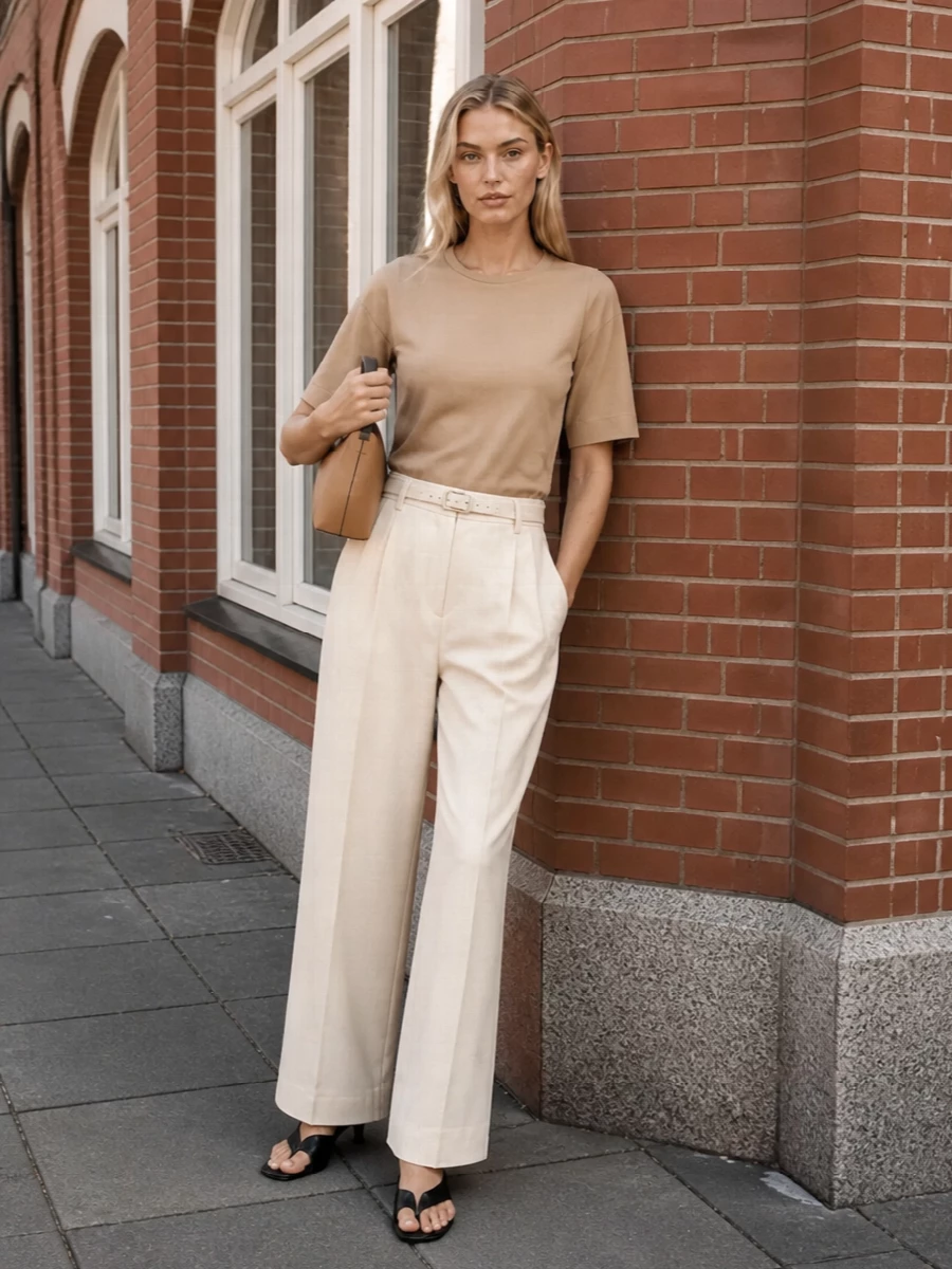 Camel and buttercream sit quietly together here, giving a long, clean line that feels calm rather than strict. The high-rise wide leg balances the boxy shell, while black slingbacks add a precise, modern edge. A structured nude bag and slim tonal belt finish it with a composed, boardroom-to-dinner kind of ease.