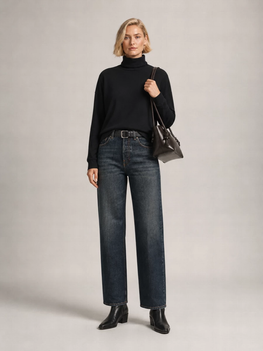 Dark indigo denim is grounded with a clean black turtleneck for a quietly pared-back, city-ready uniform. Pointed black Chelsea boots and a structured espresso shoulder bag add subtle polish, while a simple black belt sharpens the mid-rise waist without breaking the minimalist line.