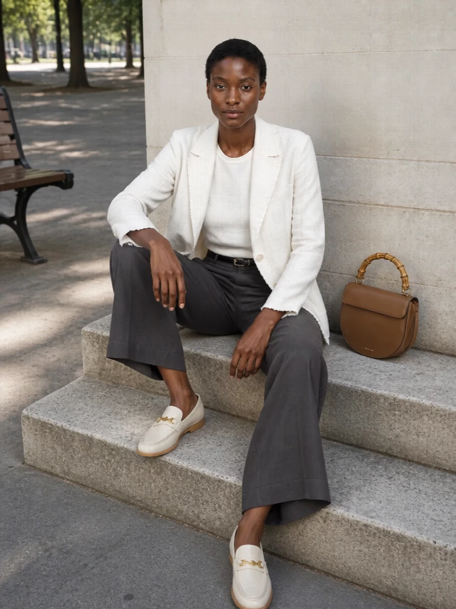 Charcoal wide-leg trousers and a softly tailored ivory blazer create a long, refined line that feels calm rather than corporate. Cream Tod’s loafers and a caramel Wandler bag keep the palette warm and understated while the slim black belt quietly defines the waist. The result is boardroom appropriate but relaxed enough for a late gallery afternoon or dinner reservation.