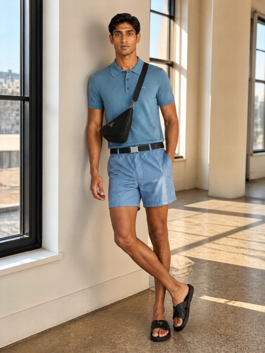 Prada powder blue swim shorts knit polo outfit