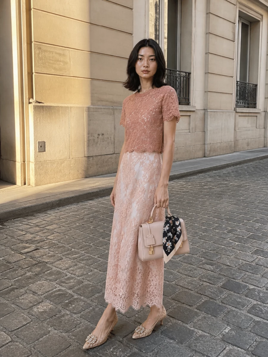 Dolce gabbana dusty rose lace tee midi skirt