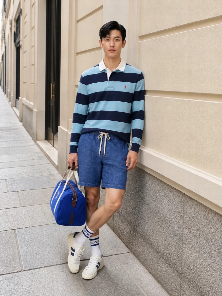 Polo’s striped rugby and soft denim shorts lean into relaxed campus energy, all in cool blues that feel right from touchline to city. Clean Bally court sneakers keep the palette light and polished while the royal-blue duffle brings a subtle sport note that still reads considered. The striped socks finish it with a small collegiate twist that links every blue in the outfit together.
