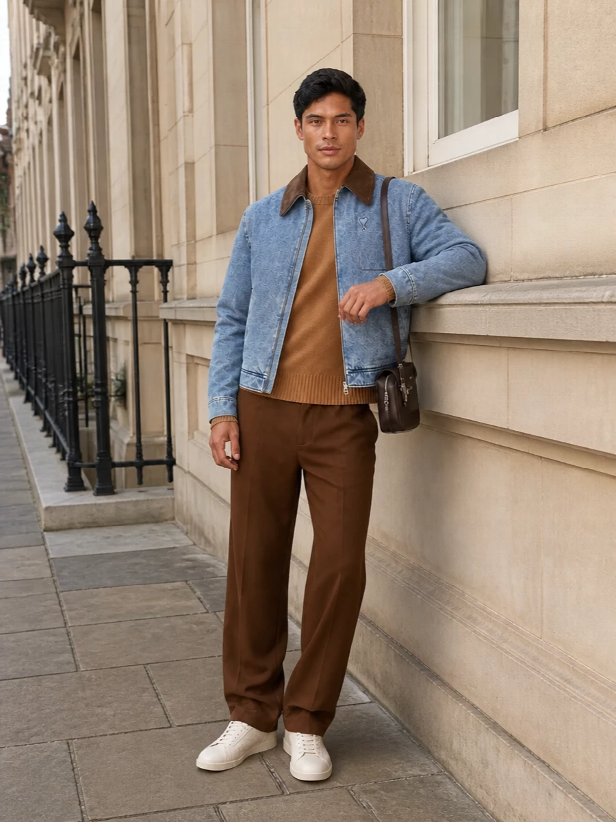 Ami denim jacket camel knit brown trouser outfit