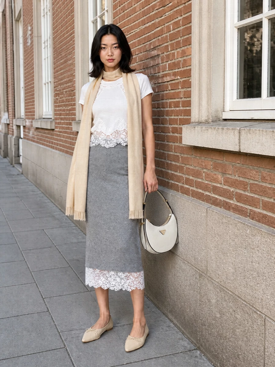 Ermanno scervino lace knit tee grey midi skirt