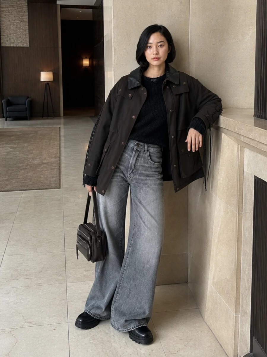 I’m keeping this firmly in the street-utility lane with denim rather than dresses, so the parka stays the hero and everything else supports its quiet, functional attitude. The black textured knit and ultra-wide grey jeans create a long, graphic column under the coat, while chunky black boots and an espresso shoulder bag lock in a moody, city-proof palette. It feels modern, slightly subversive and built for real winter streets, not just a showroom rail.