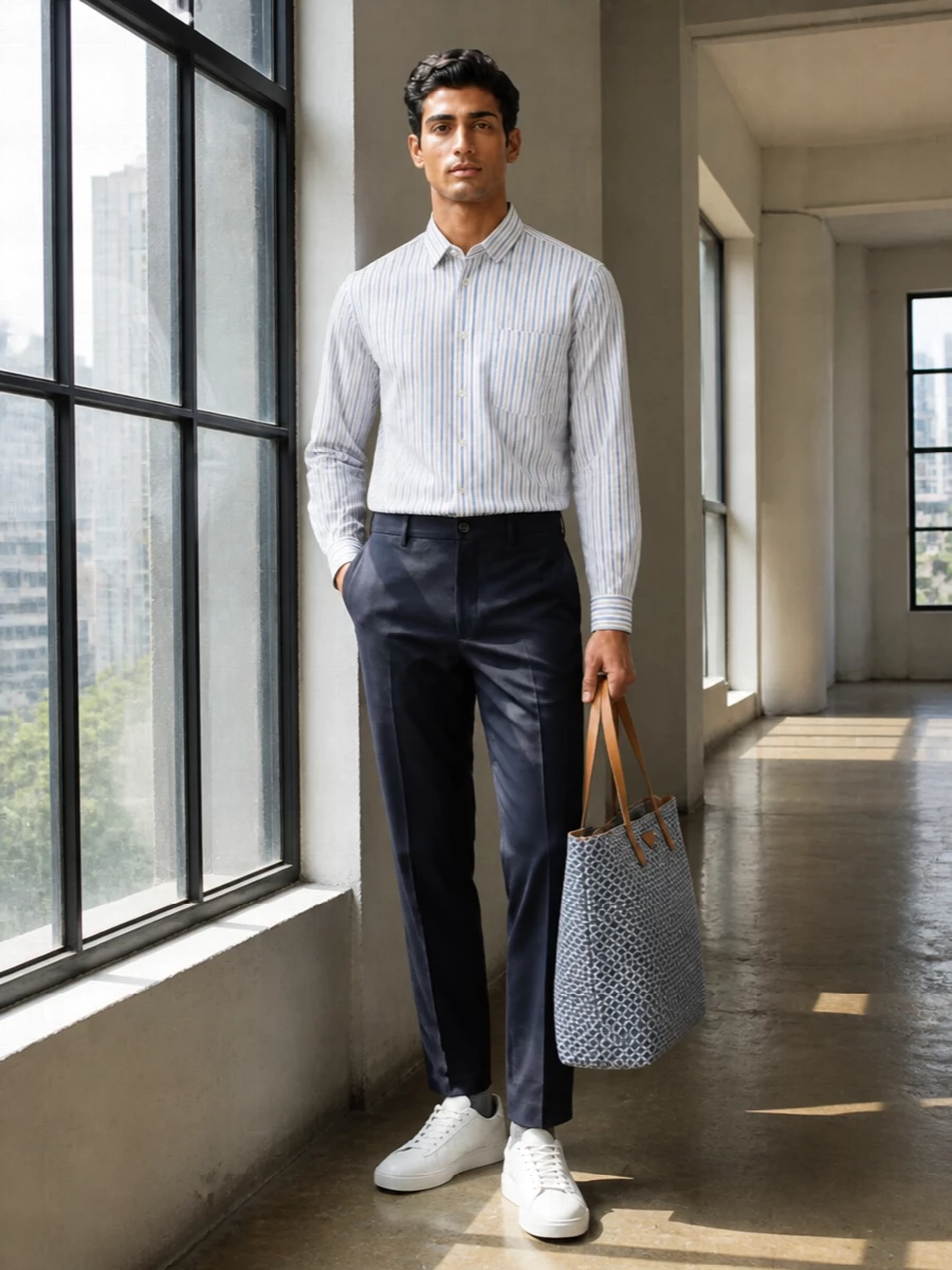 Comme des garcons striped shirt navy trousers